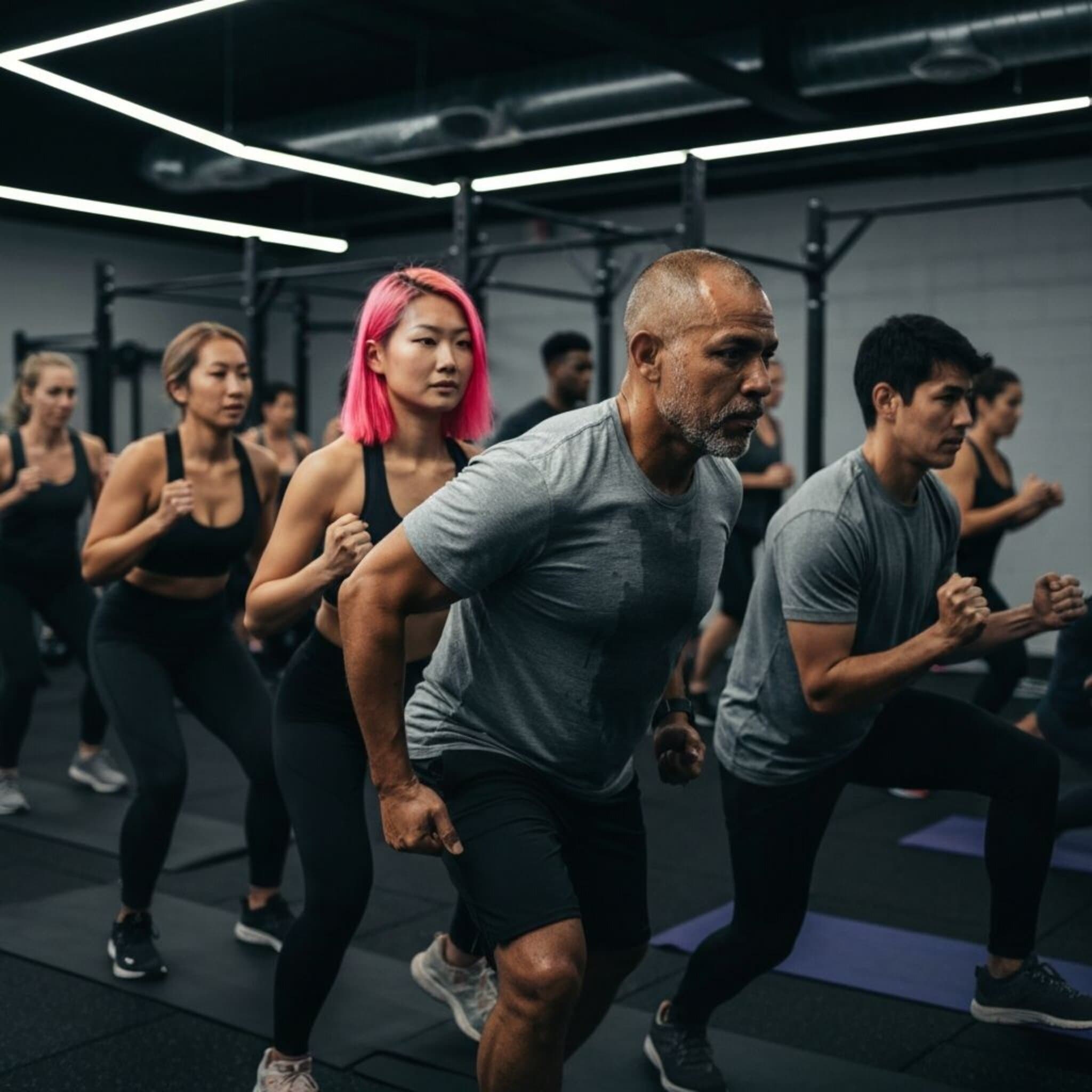 Gym community working out together