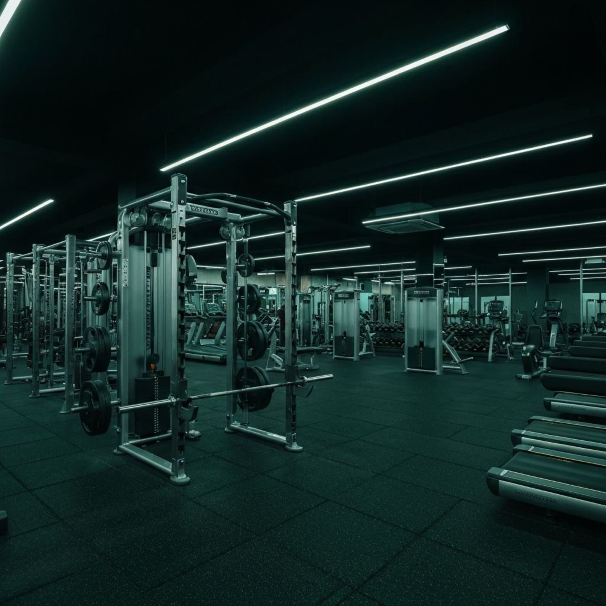 Modern gym interior with dramatic lighting
